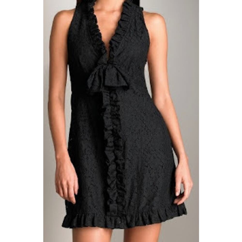 Marc Jacobs Black Lace Ruffled Bow V Neck Sleeveless Knee Length Dress Size 8